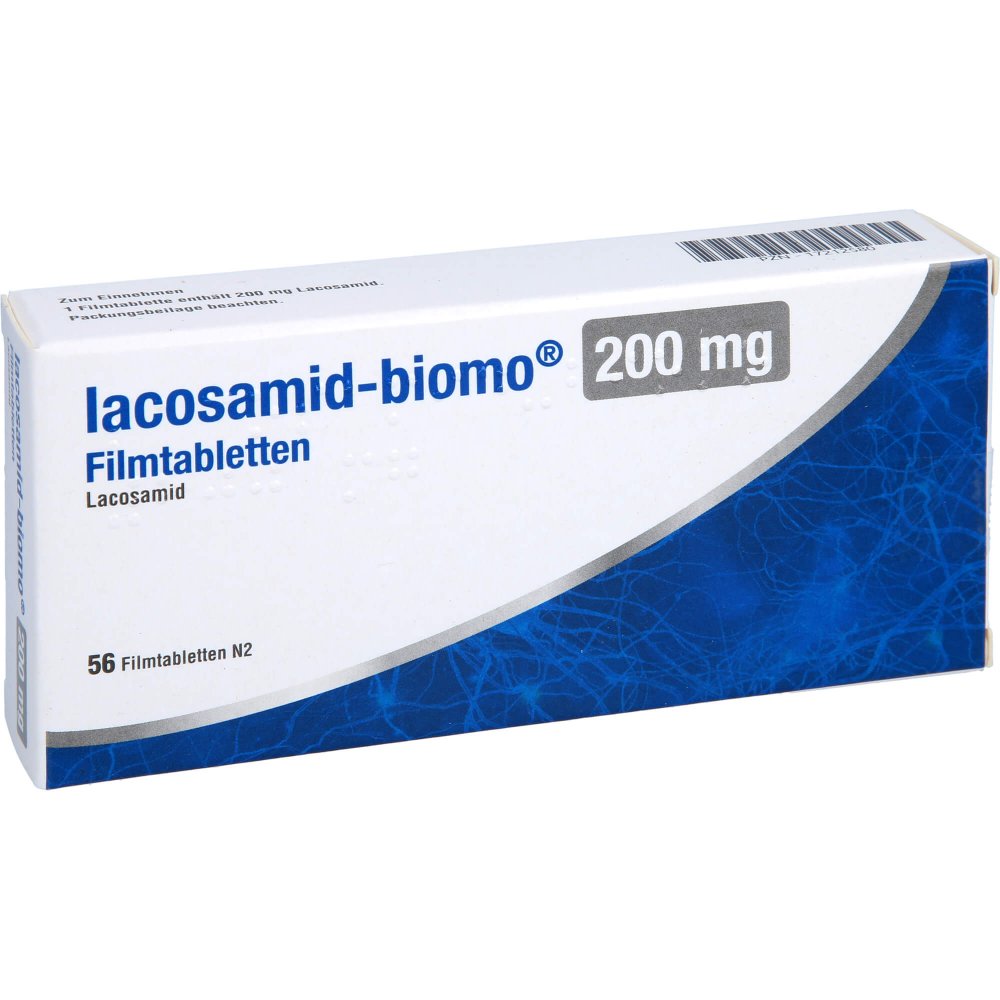 Das Produktfoto zeigt Lacosamid-Biomo 200 Mg Filmtabletten (56 stk) PZN 17212580