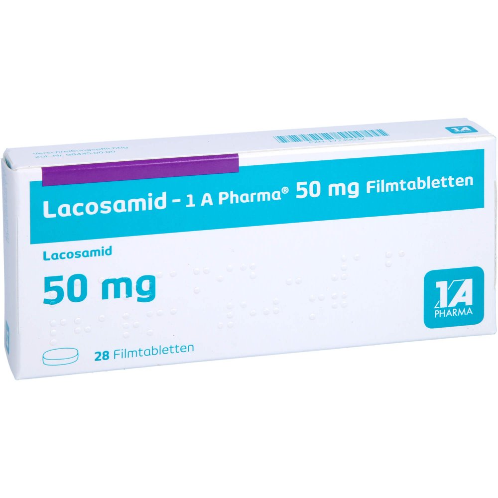 Das Produktfoto zeigt Lacosamid-1a Pharma 50 Mg Filmtabletten (28 stk) PZN 17230632