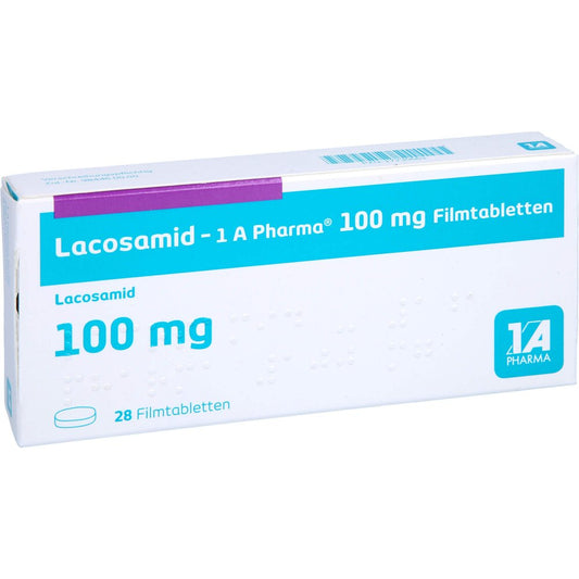 Das Produktfoto zeigt Lacosamid-1a Pharma 100 Mg Filmtabletten (28 stk) PZN 17230661