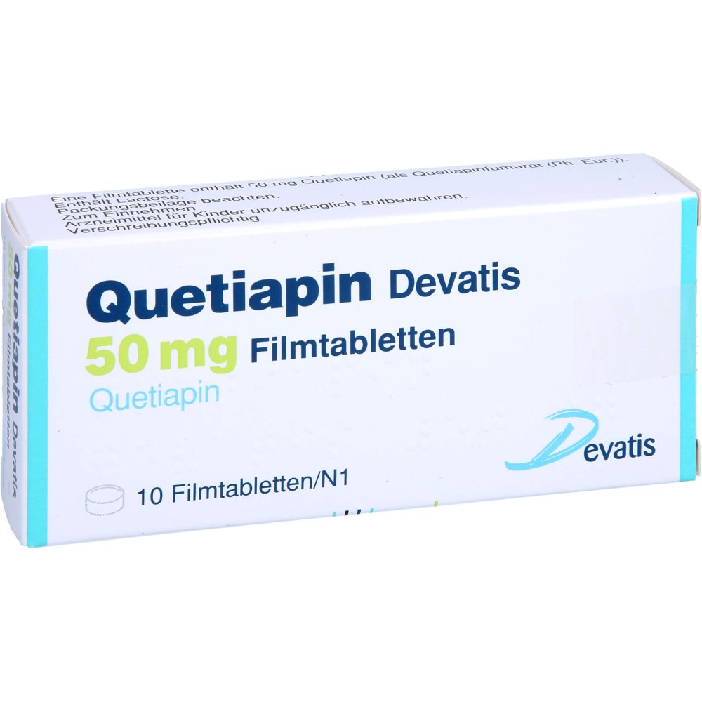 Das Produktfoto zeigt Quetiapin Devatis 50 Mg Filmtabletten (10 stk) PZN 17235776