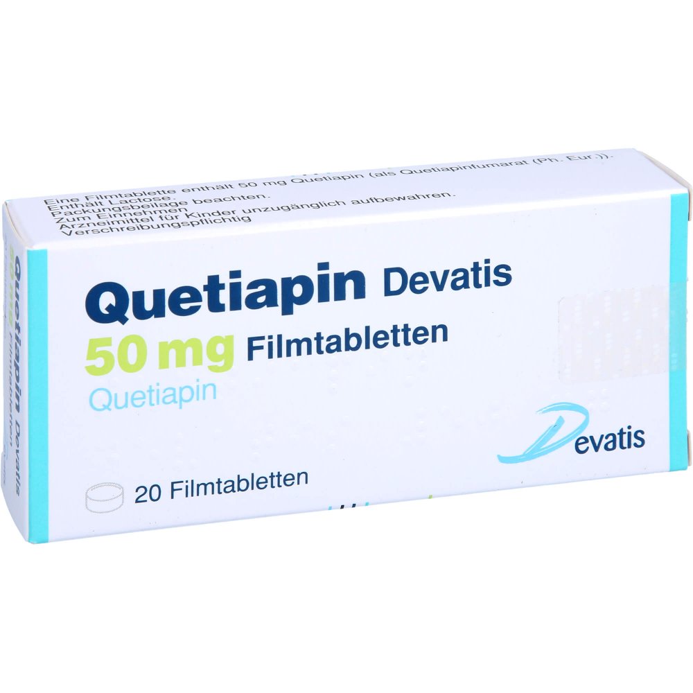 Das Produktfoto zeigt Quetiapin Devatis 50 Mg Filmtabletten (20 stk) PZN 17235782