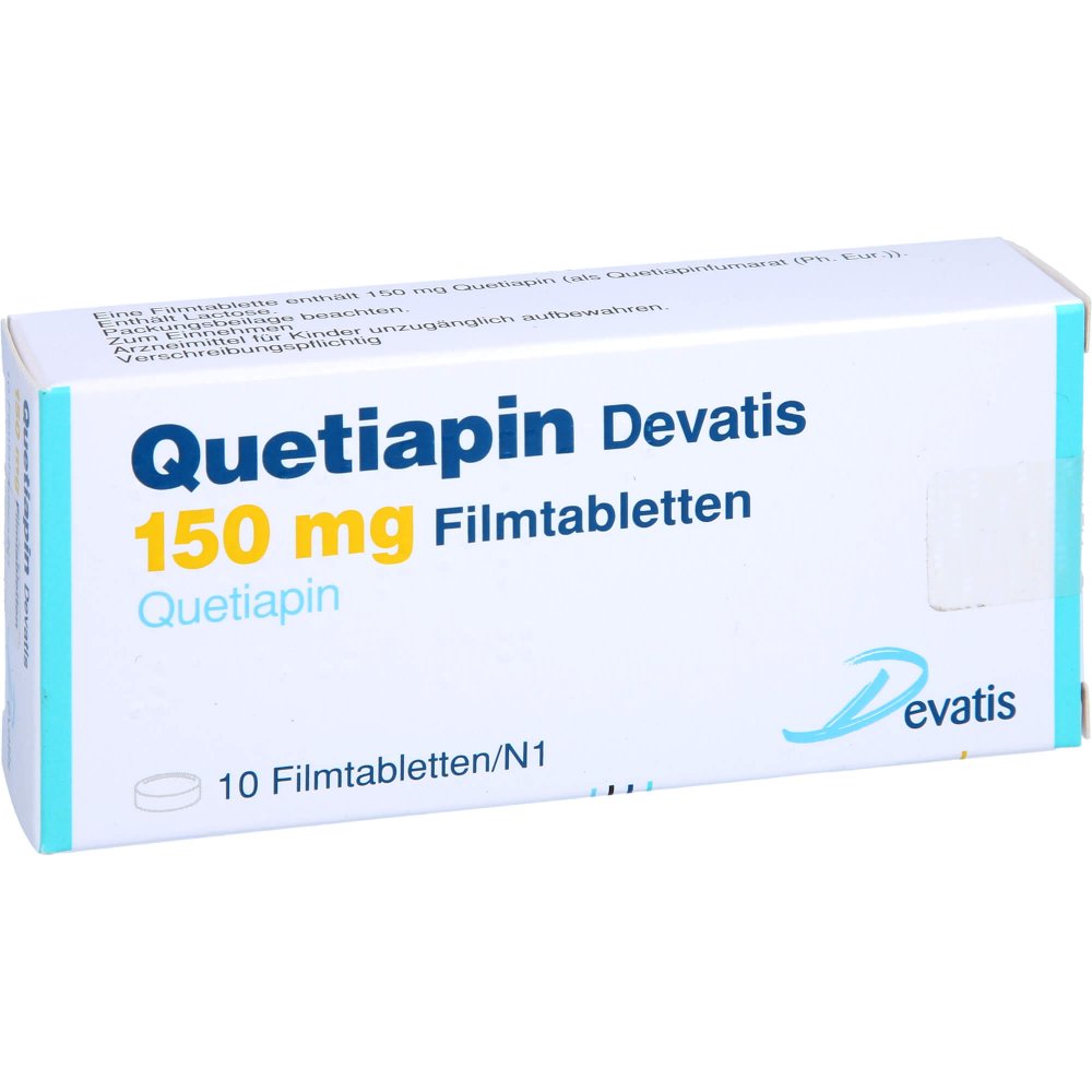 Das Produktfoto zeigt Quetiapin Devatis 150 Mg Filmtabletten (10 stk) PZN 17235813