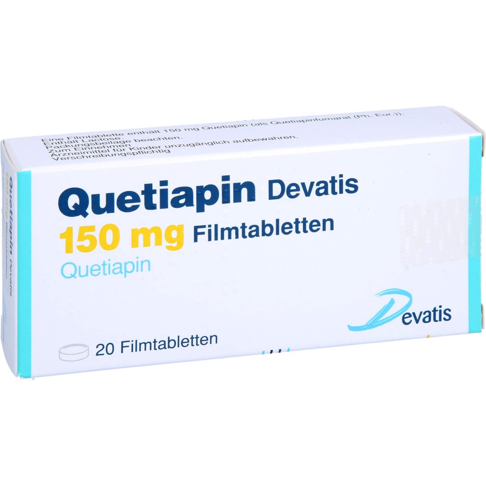 Das Produktfoto zeigt Quetiapin Devatis 150 Mg Filmtabletten (20 stk) PZN 17235865