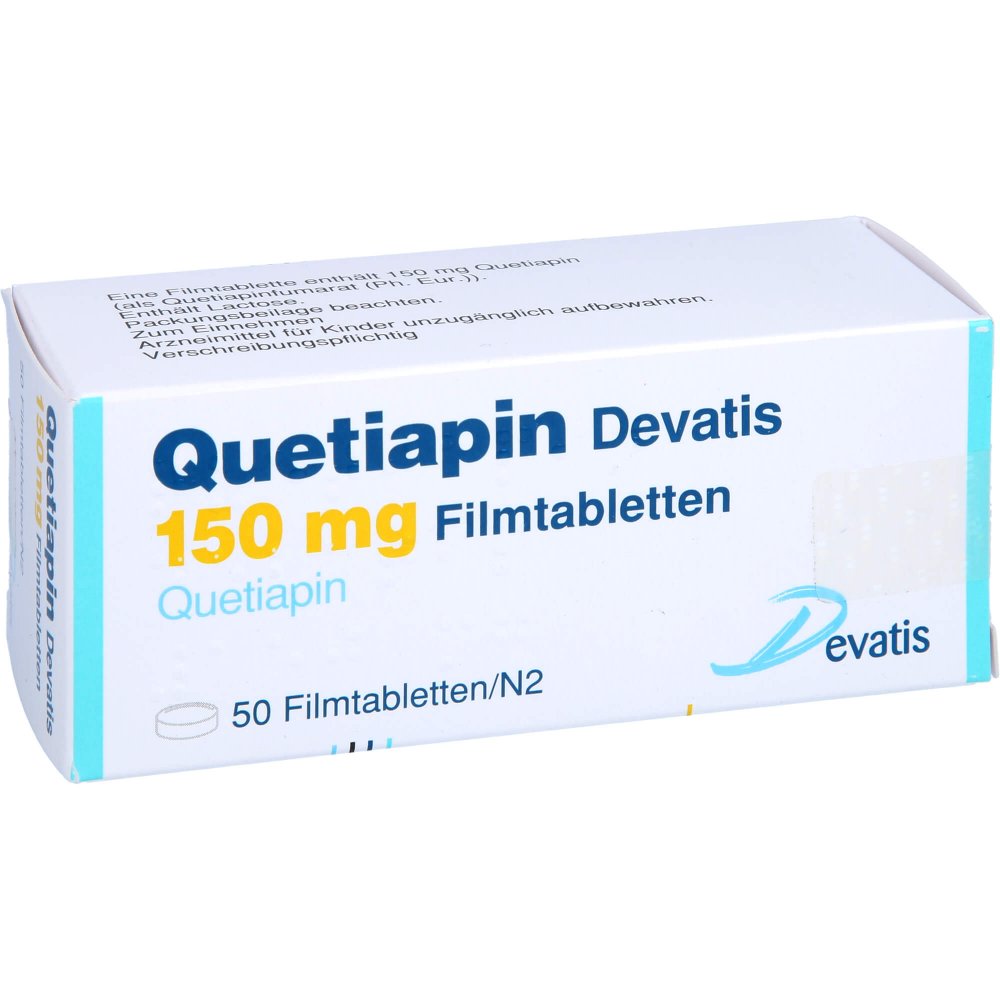 Das Produktfoto zeigt Quetiapin Devatis 150 Mg Filmtabletten (50 stk) PZN 17235871