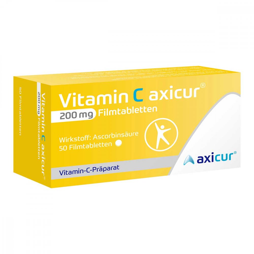 Das Produktfoto zeigt Vitamin C Axicur 200 Mg Filmtabletten (50 stk) PZN 17260610