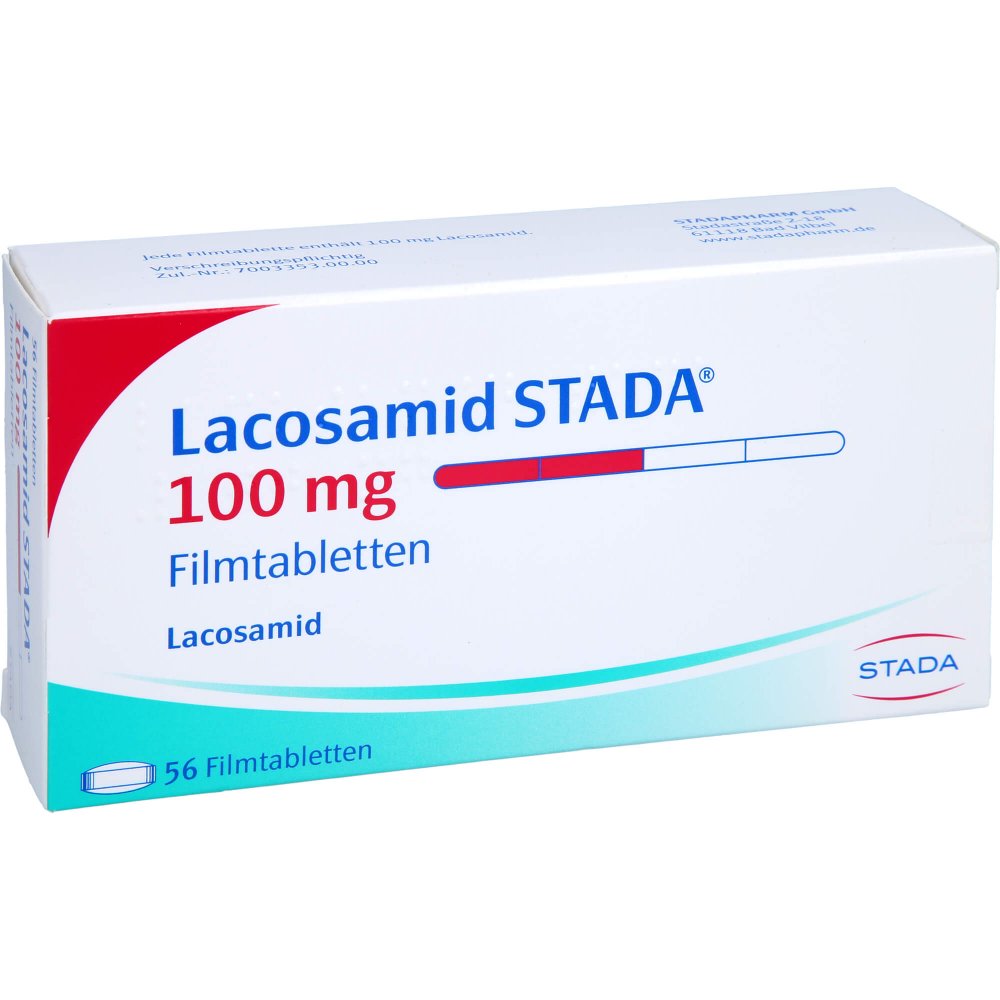 Das Produktfoto zeigt Lacosamid Stada 100 Mg Filmtabletten (56 stk) PZN 17273630