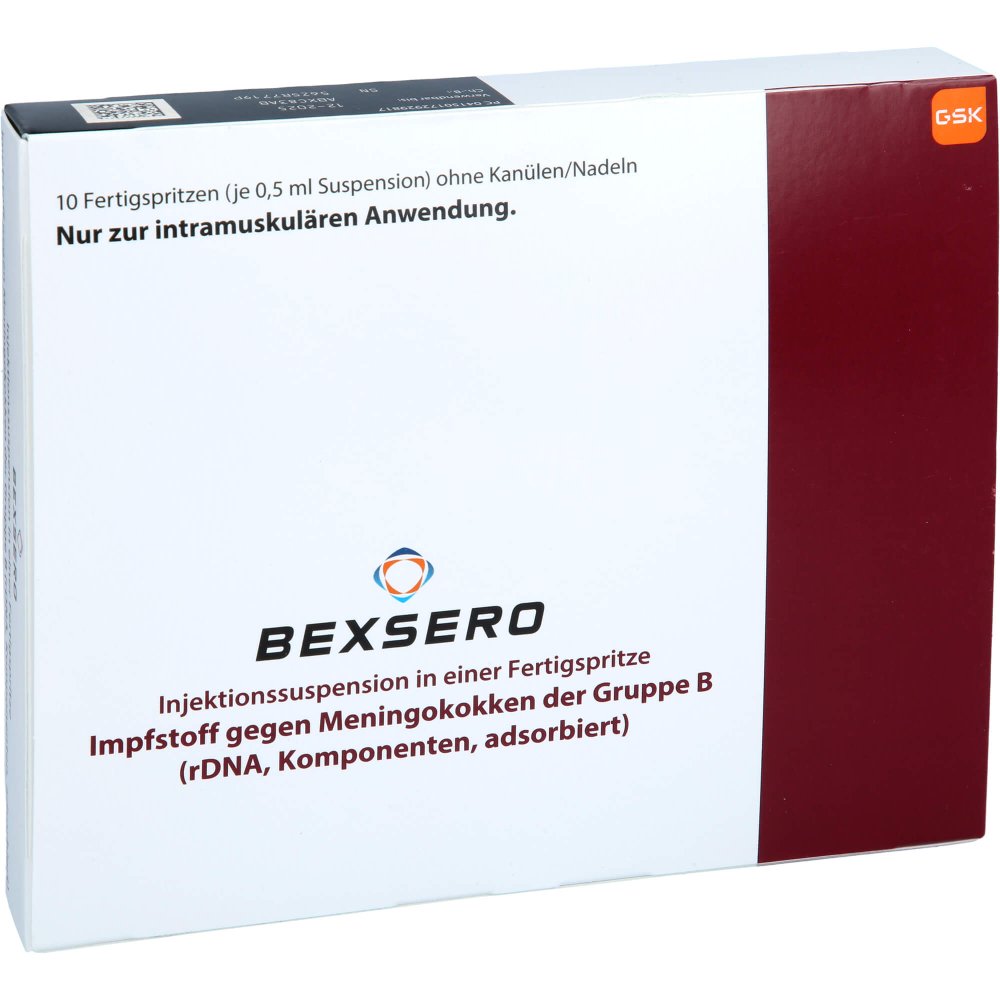Das Produktfoto zeigt Bexsero Injektionssuspension I.E.Fertigspritze (10X0.5 ml) PZN 17292981