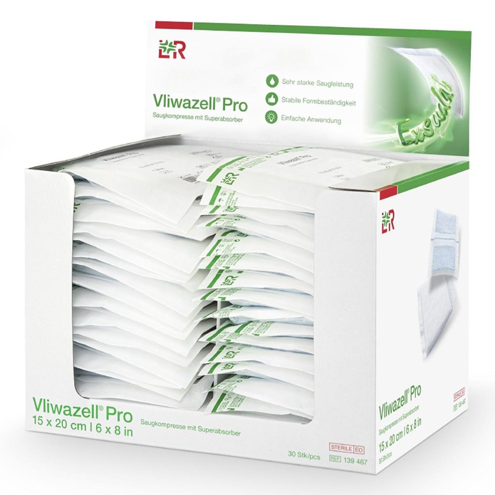 Das Produktfoto zeigt Vliwazell Pro Superabsorb.Kompr.Steril 10x20 Cm (30 stk) PZN 17295293