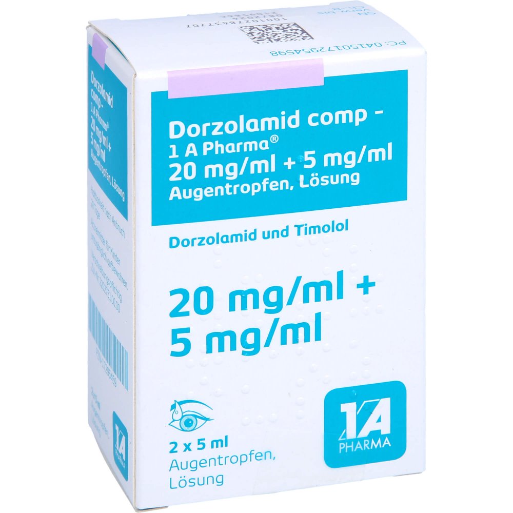 Das Produktfoto zeigt Dorzolamid Comp-1a Pharma 20mg/Ml+5mg/Ml Augentr. (2X5 ml) PZN 17295459