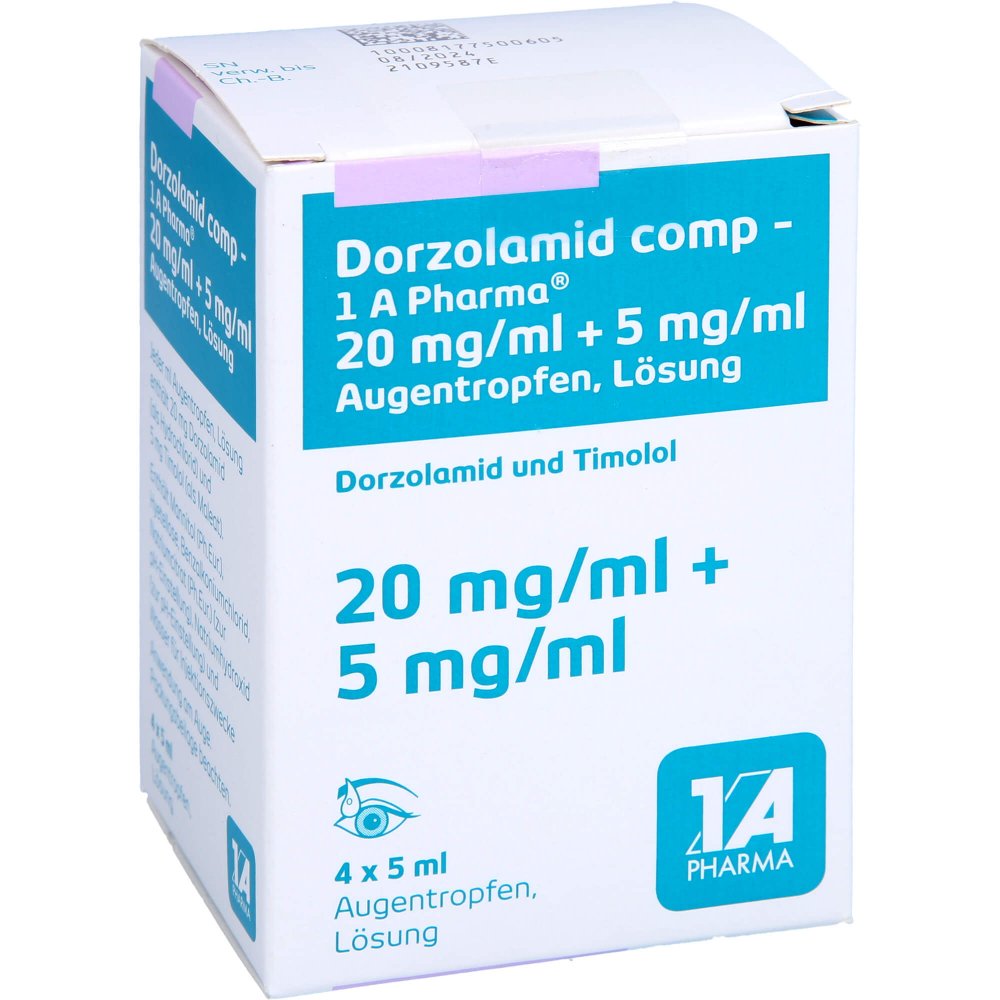 Das Produktfoto zeigt Dorzolamid Comp-1a Pharma 20mg/Ml+5mg/Ml Augentr. (4X5 ml) PZN 17295465