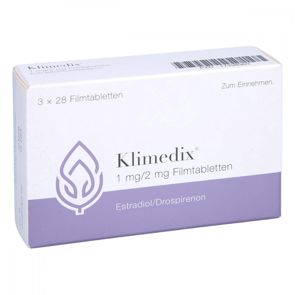 Das Produktfoto zeigt Klimedix 1 Mg/2 Mg Filmtabletten (3X28 stk) PZN 17298363
