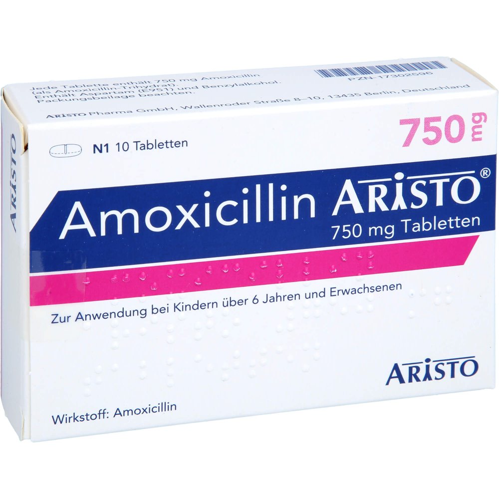 Das Produktfoto zeigt Amoxicillin Aristo 750 Mg Tabletten (10 stk) PZN 17302596