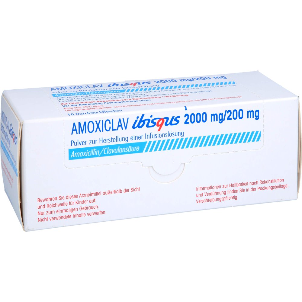 Das Produktfoto zeigt Amoxiclav Ibisqus 2000mg/200mg P.Z.H.E.Inf.-Lsg. (10 stk) PZN 17304589