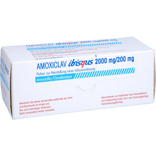 Das Produktfoto zeigt Amoxiclav Ibisqus 2000mg/200mg P.Z.H.E.Inf.-Lsg. (10 stk) PZN 17304589