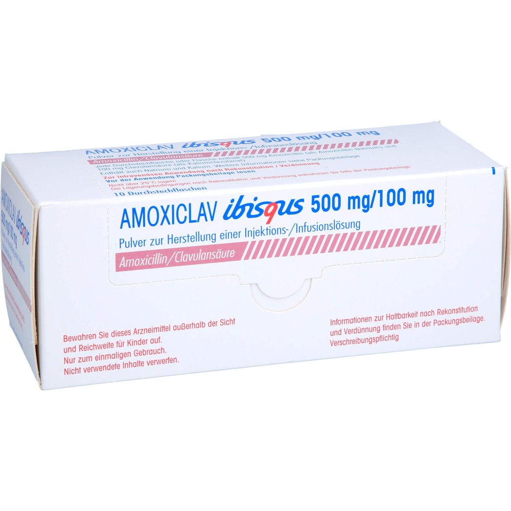 Das Produktfoto zeigt Amoxiclav Ibisqus 500mg/100mg P.Z.H.Inj.-/Inf.-L. (10 stk) PZN 17304626