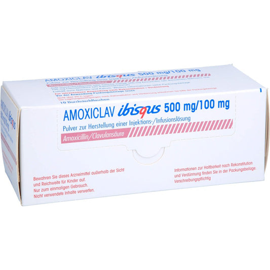 Das Produktfoto zeigt Amoxiclav Ibisqus 500mg/100mg P.Z.H.Inj.-/Inf.-L. (10 stk) PZN 17304626
