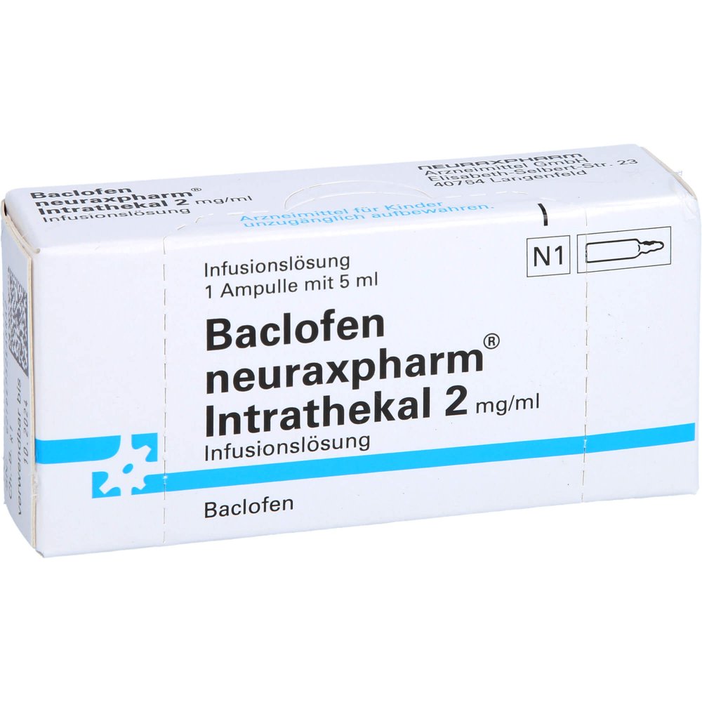 Das Produktfoto zeigt Baclofen Neurax.Intrathek.2mg/Ml Inf.-L.Amp.10mg (5 ml) PZN 17308133