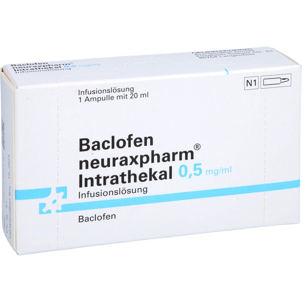 Das Produktfoto zeigt Baclofen Neurax.Intrathek.0,5mg/Ml Inf.-L.Amp.10mg (20 ml) PZN 17308162