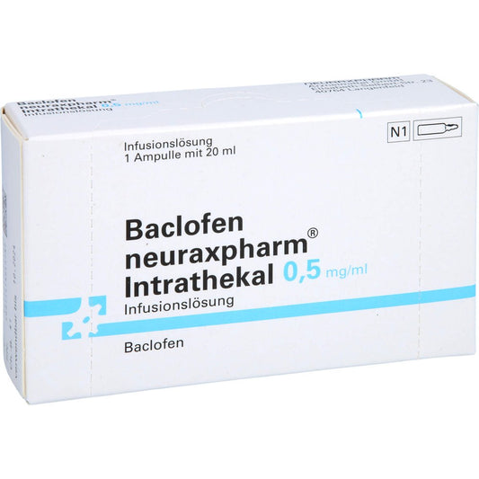 Das Produktfoto zeigt Baclofen Neurax.Intrathek.0,5mg/Ml Inf.-L.Amp.10mg (20 ml) PZN 17308162