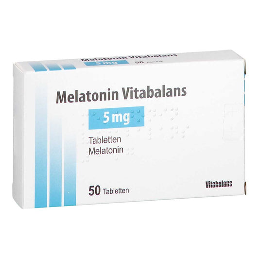 Das Produktfoto zeigt Melatonin Vitabalans 5 Mg Tabletten (50 stk) PZN 17313275