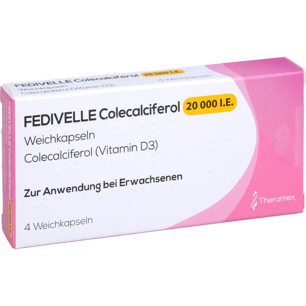 Das Produktfoto zeigt Fedivelle Colecalciferol 20.000 I.E. Weichkapseln (4 stk) PZN 17315015