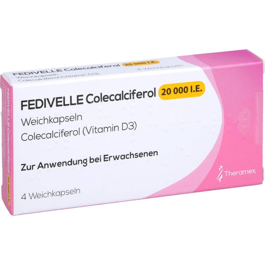 Das Produktfoto zeigt Fedivelle Colecalciferol 20.000 I.E. Weichkapseln (4 stk) PZN 17315015