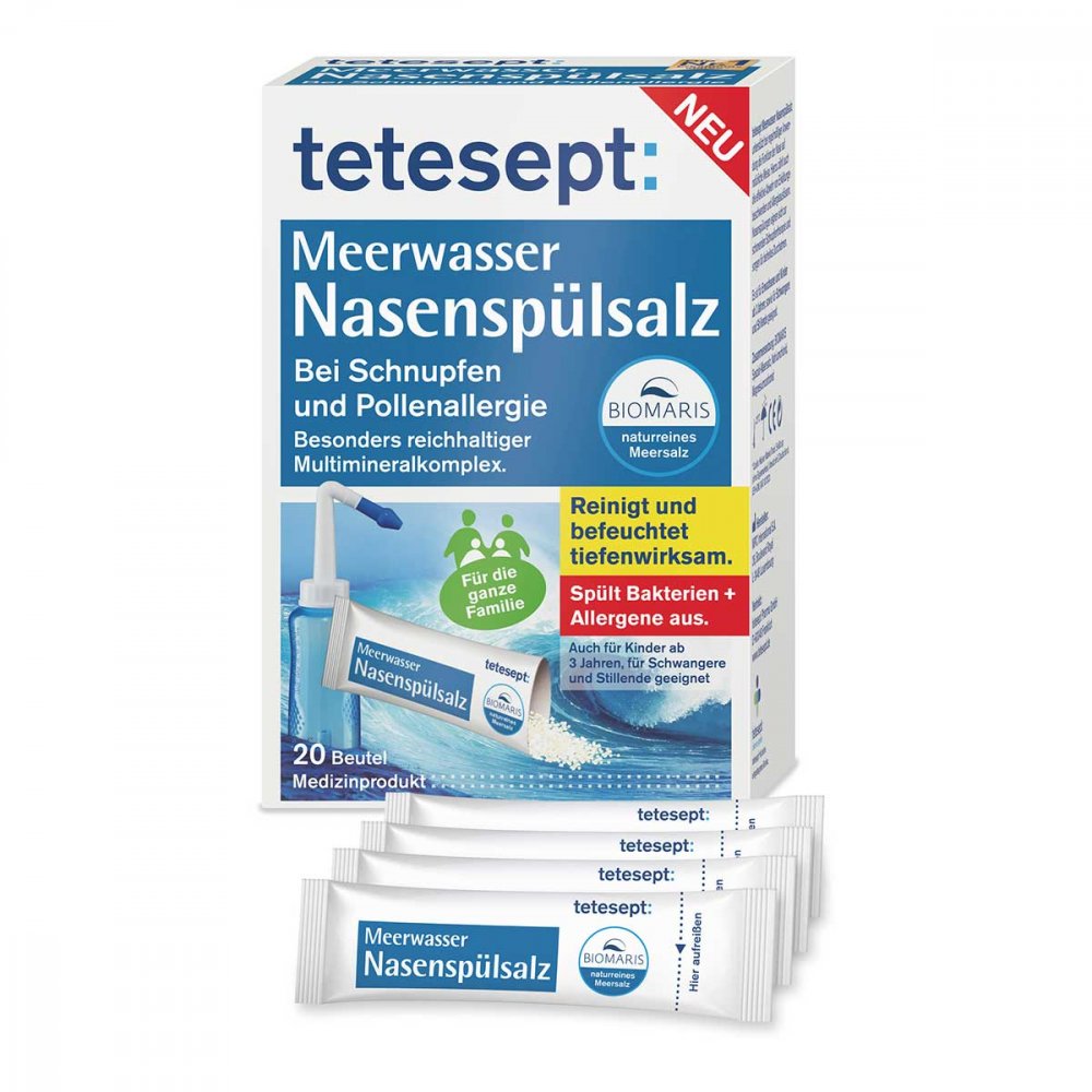 Das Produktfoto zeigt Tetesept Meerwasser Nasenspülsalz (20 stk) PZN 17365059