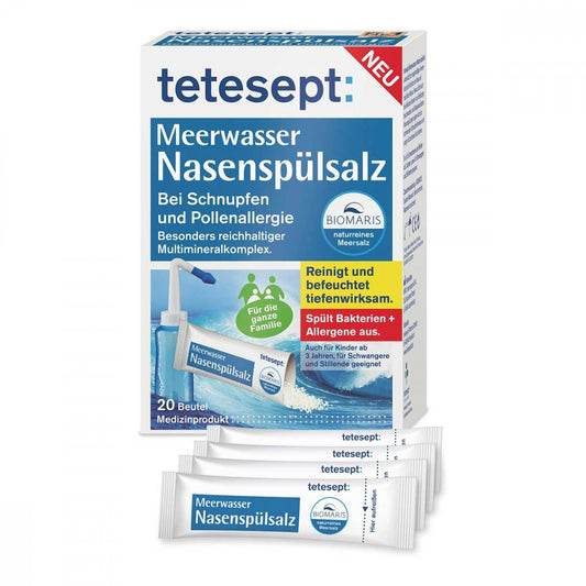 Das Produktfoto zeigt Tetesept Meerwasser Nasenspülsalz (20 stk) PZN 17365059