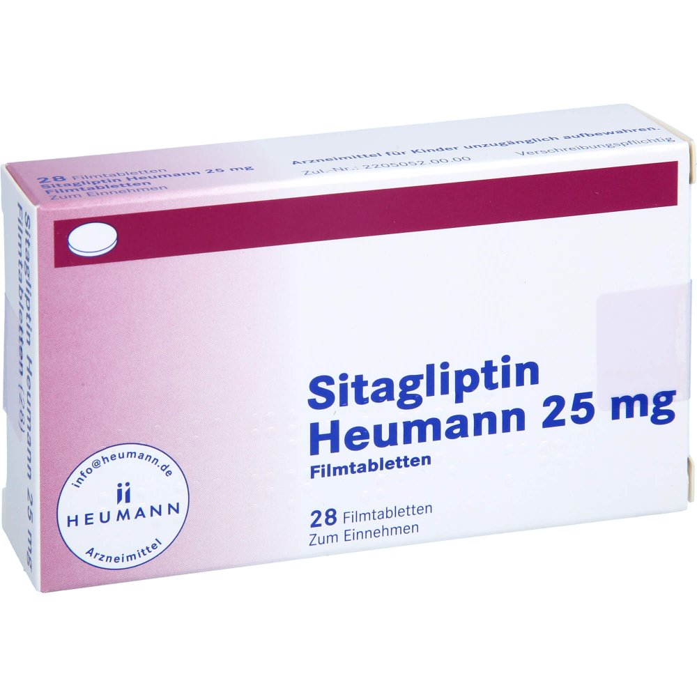 Das Produktfoto zeigt Sitagliptin Heumann 25 Mg Filmtabletten (28 stk) PZN 17367495