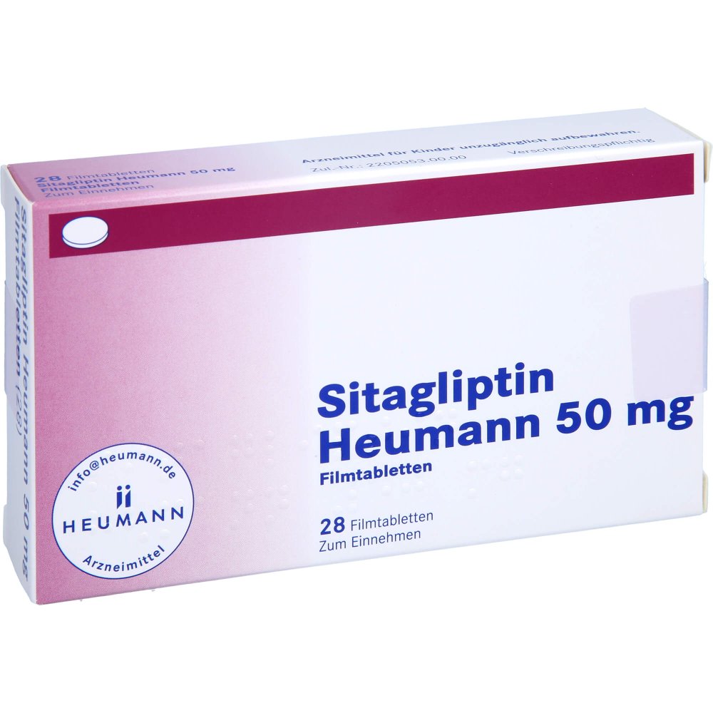 Das Produktfoto zeigt Sitagliptin Heumann 50 Mg Filmtabletten (28 stk) PZN 17367526