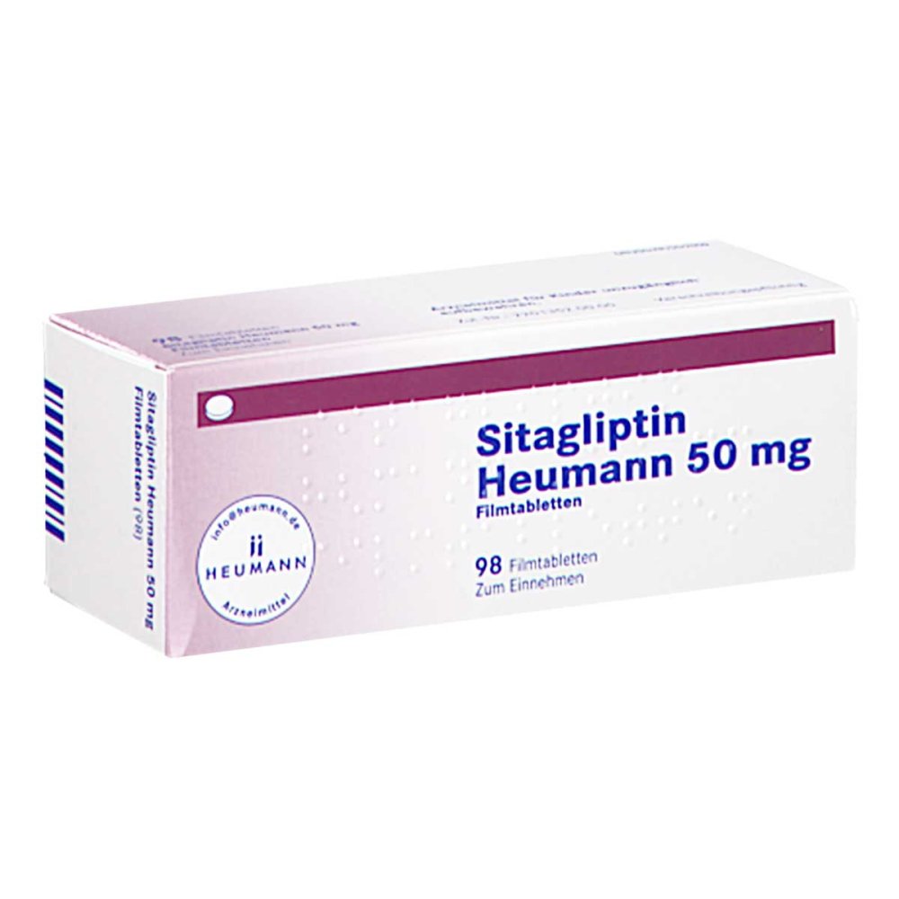 Das Produktfoto zeigt Sitagliptin Heumann 50 Mg Filmtabletten (98 stk) PZN 17367532