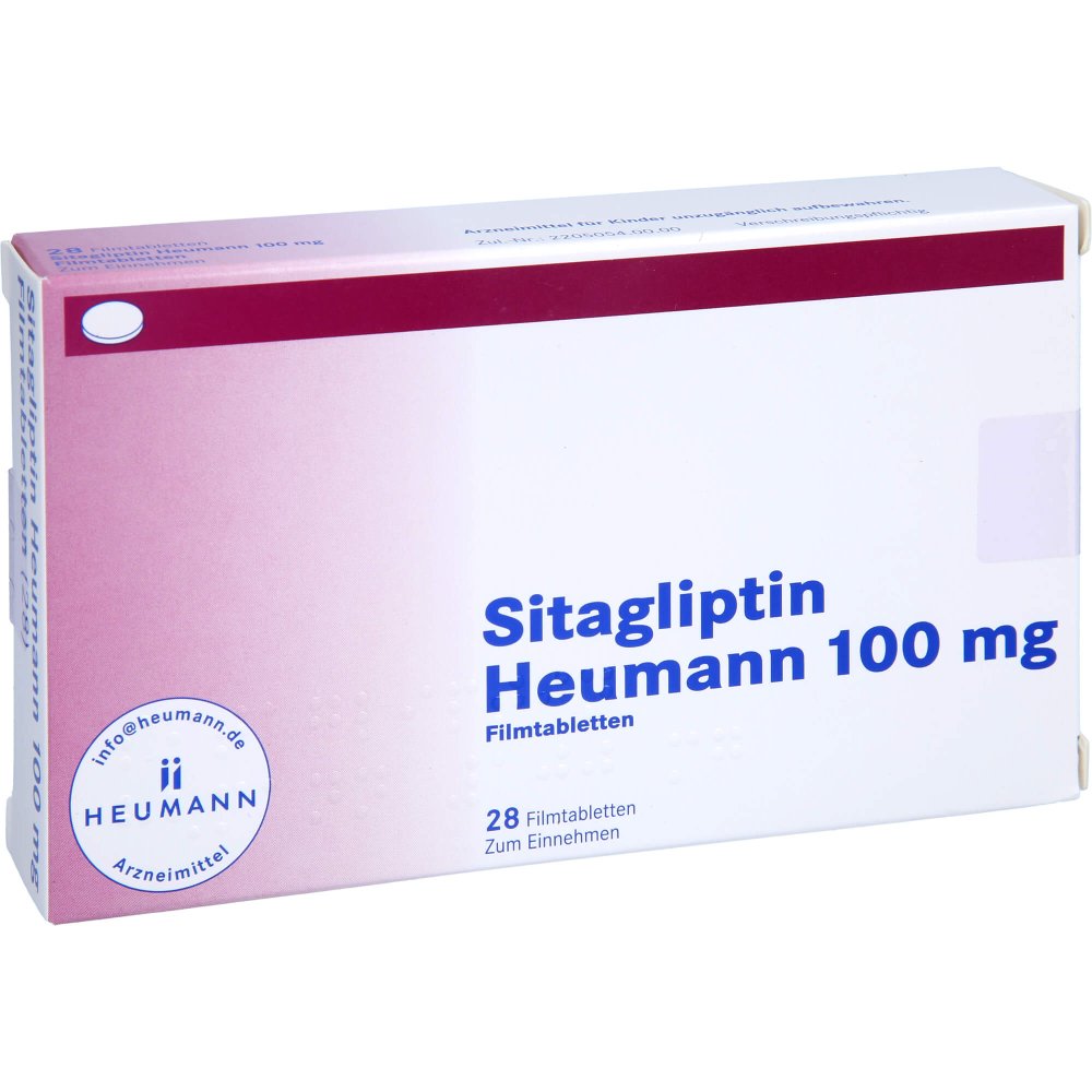 Das Produktfoto zeigt Sitagliptin Heumann 100 Mg Filmtabletten (28 stk) PZN 17367549