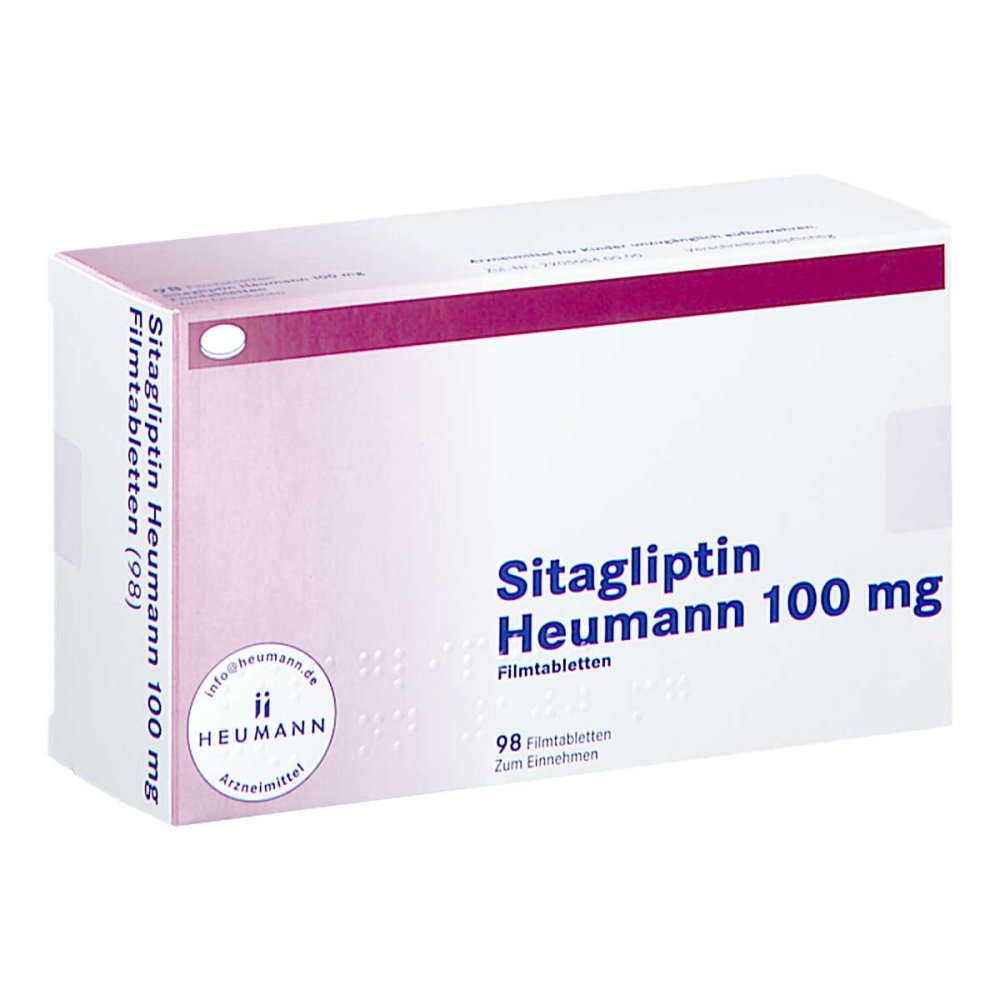 Das Produktfoto zeigt Sitagliptin Heumann 100 Mg Filmtabletten (98 stk) PZN 17367555