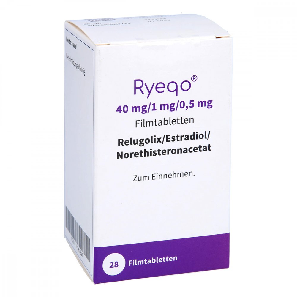 Das Produktfoto zeigt Ryeqo 40 Mg/1 Mg/0,5 Mg Filmtabletten (28 stk) PZN 17367897