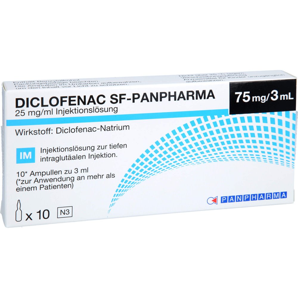 Das Produktfoto zeigt Diclofenac Sf-Panpharma Injektionslösung (10X3 ml) PZN 17391312