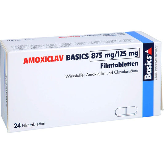 Das Produktfoto zeigt Amoxiclav Basics 875 Mg/125 Mg Filmtabletten (24 stk) PZN 17397243