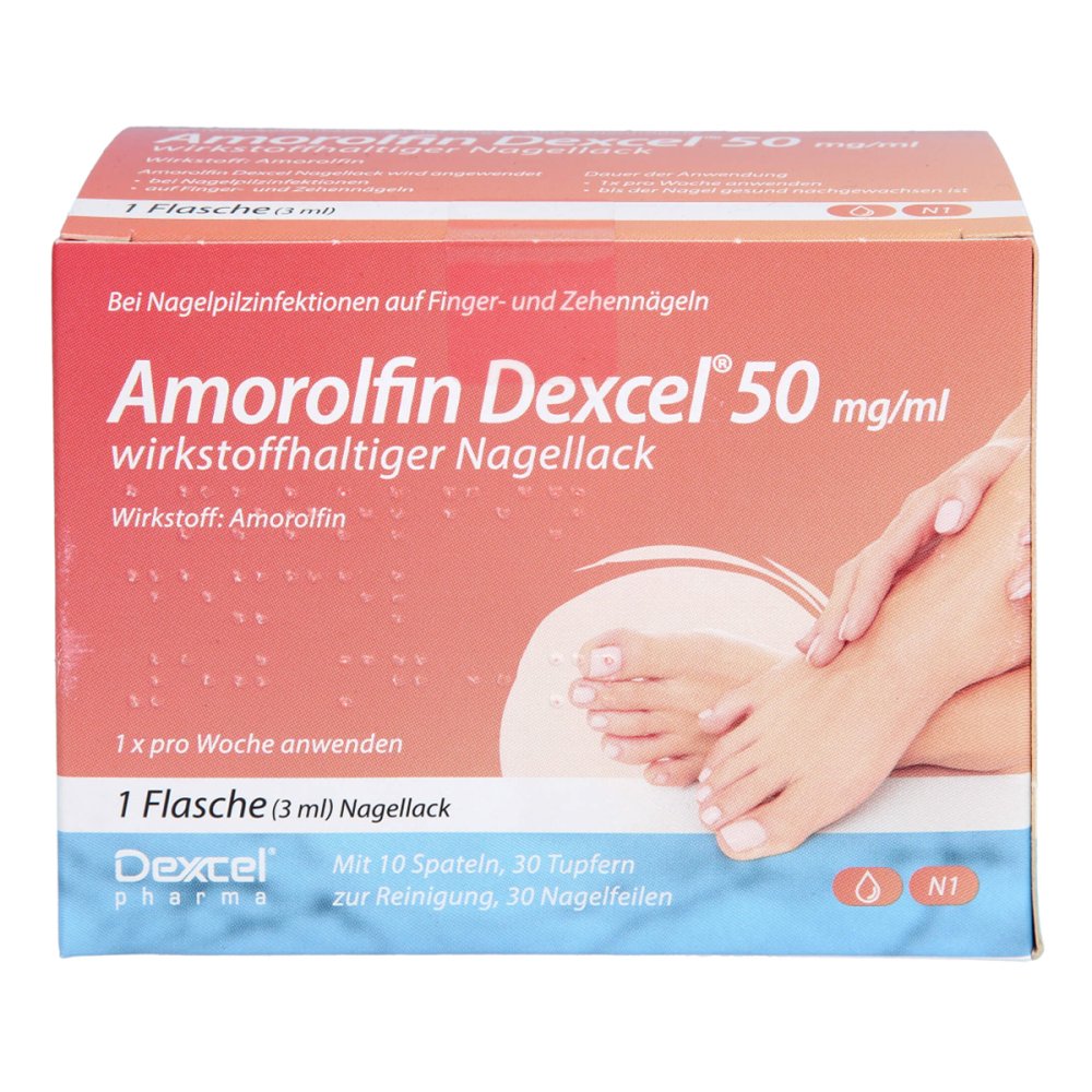 Das Produktfoto zeigt Amorolfin Dexcel 50 Mg/Ml Wirkstoffhalt.Nagellack (3 ml) PZN 17417603