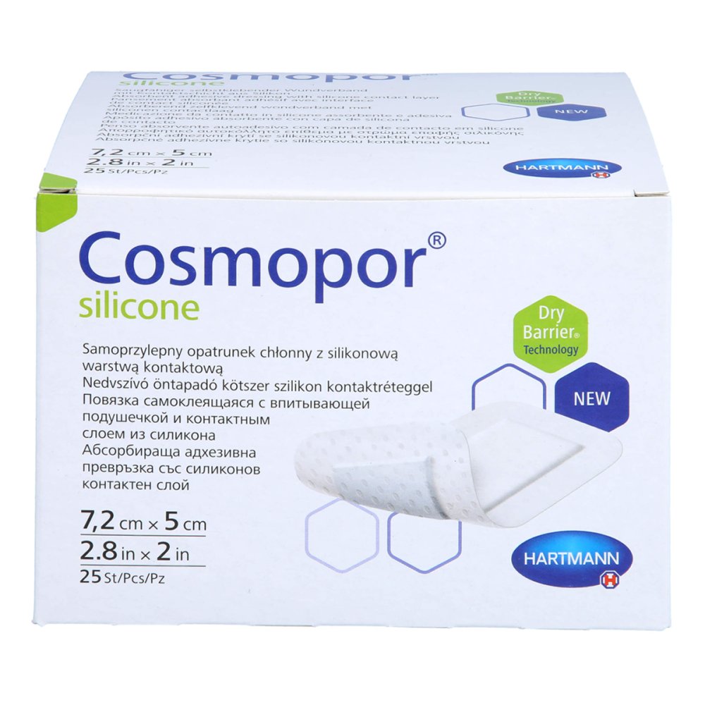 Das Produktfoto zeigt Cosmopor Silicone Wundverband 5x7,2 Cm (25 stk) PZN 17417690
