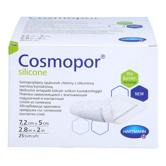 Das Produktfoto zeigt Cosmopor Silicone Wundverband 5x7,2 Cm (25 stk) PZN 17417690