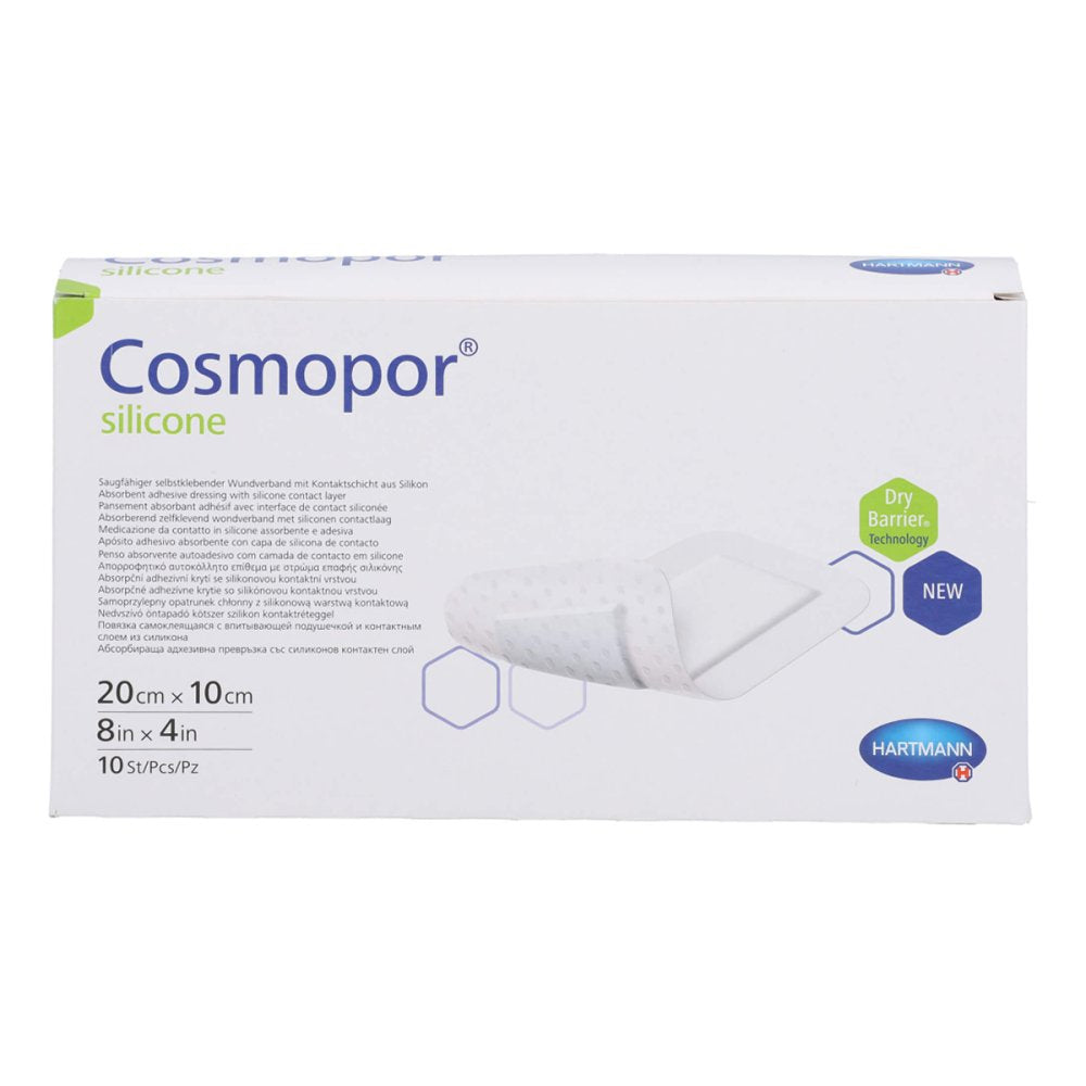 Das Produktfoto zeigt Cosmopor Silicone Wundverband 10x20 Cm (10 stk) PZN 17417796