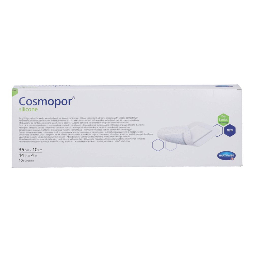 Das Produktfoto zeigt Cosmopor Silicone Wundverband 10x35 Cm (10 stk) PZN 17417804