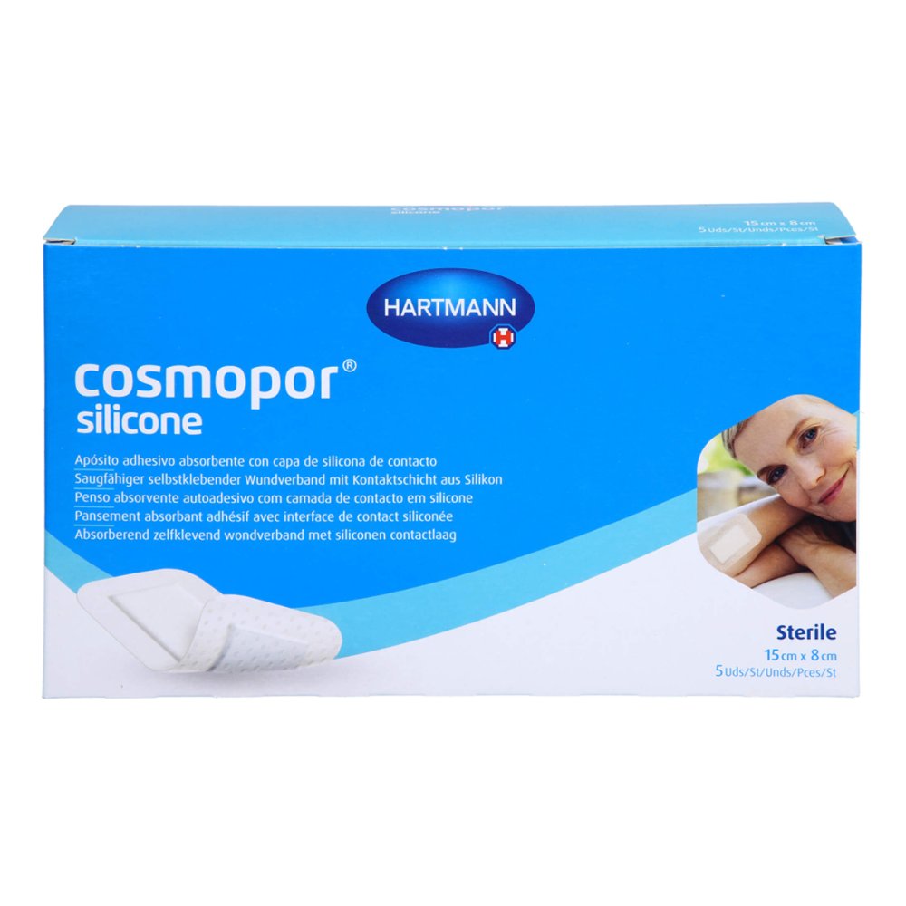 Das Produktfoto zeigt Cosmopor Silicone Wundverband 8x15 Cm (5 stk) PZN 17417833