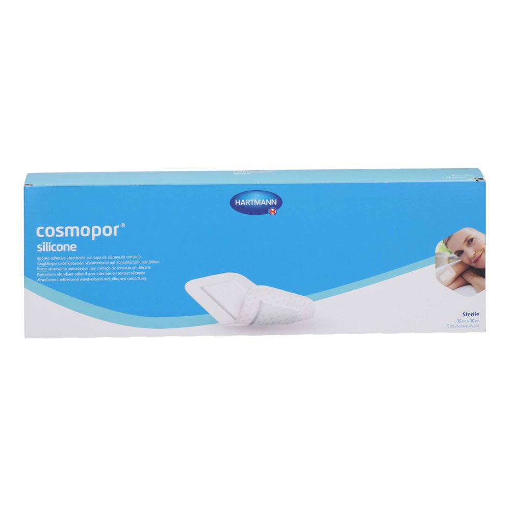 Das Produktfoto zeigt Cosmopor Silicone Wundverband 10x35 Cm (5 stk) PZN 17417862