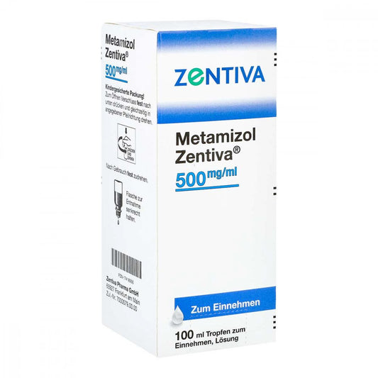 Das Produktfoto zeigt Metamizol Zentiva 500 Mg/Ml Tropf.Z.Einnehmen Lsg. (100 ml) PZN 17418956