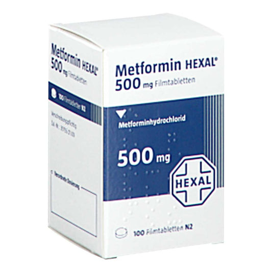 Das Produktfoto zeigt Metformin Hexal 500 Mg Filmtabletten Dose (100 stk) PZN 17420781