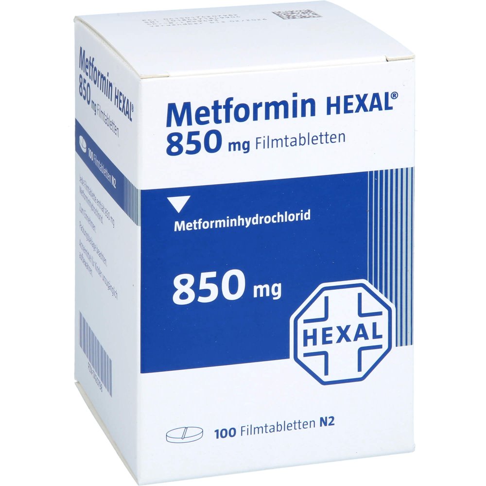 Das Produktfoto zeigt Metformin Hexal 850 Mg Filmtabletten Dose (100 stk) PZN 17420798