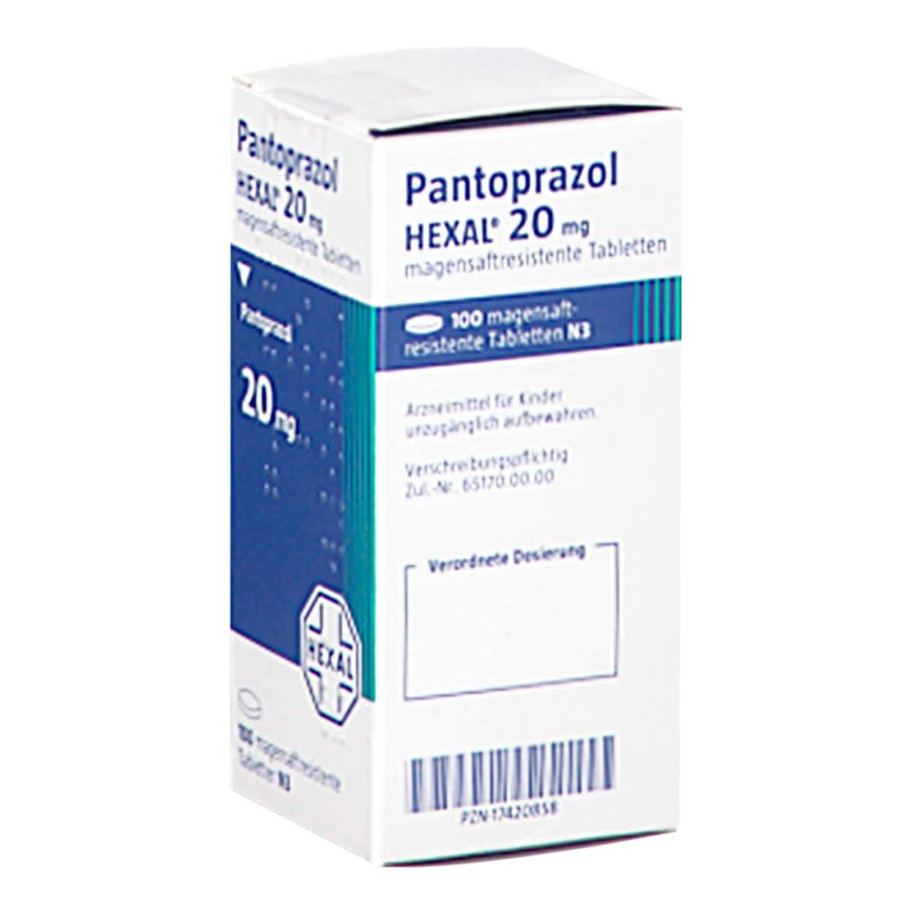 Das Produktfoto zeigt Pantoprazol Hexal 20 Mg Magensaftres.Tabl.Dose (100 stk) PZN 17420858