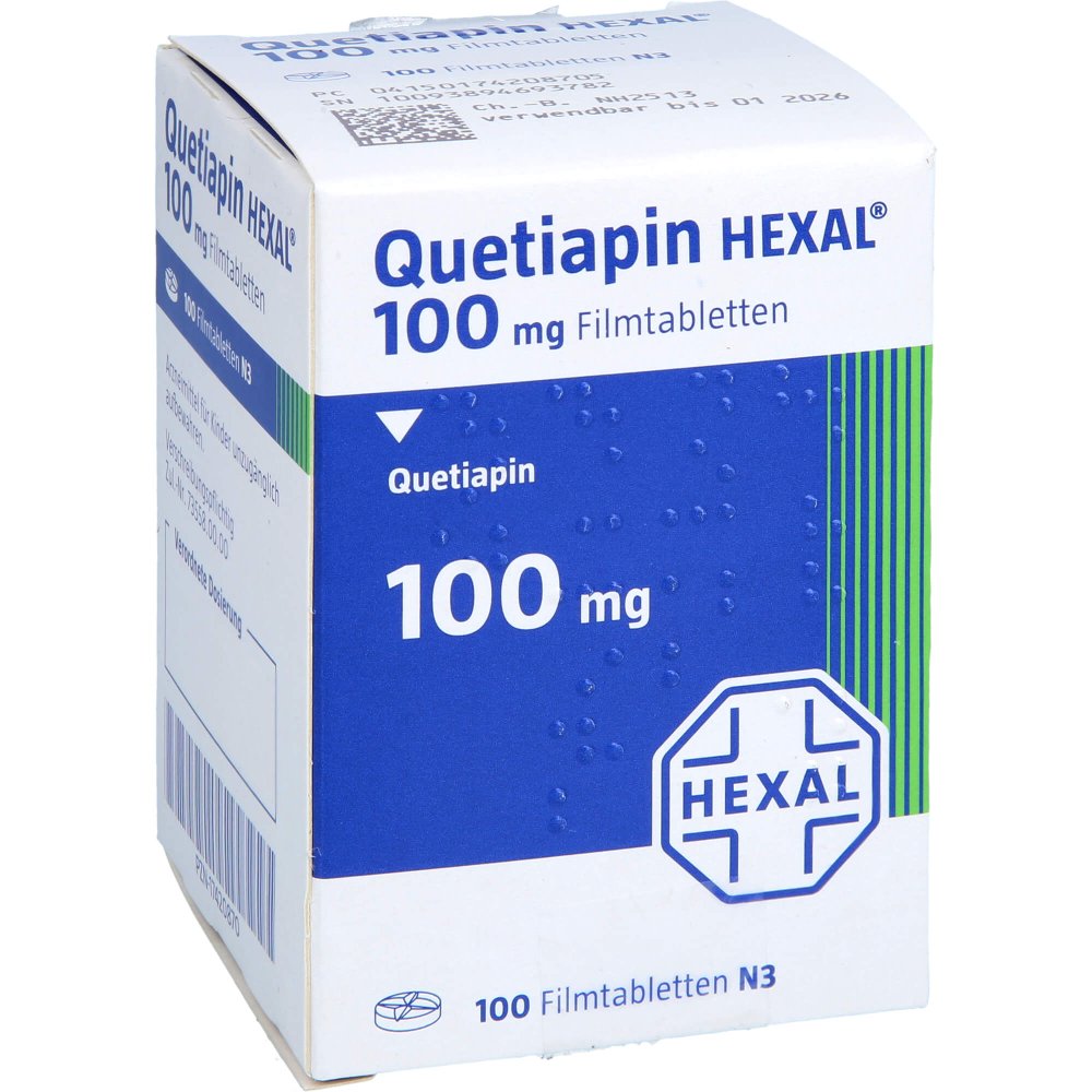 Das Produktfoto zeigt Quetiapin Hexal 100 Mg Filmtabletten Dose (100 stk) PZN 17420870