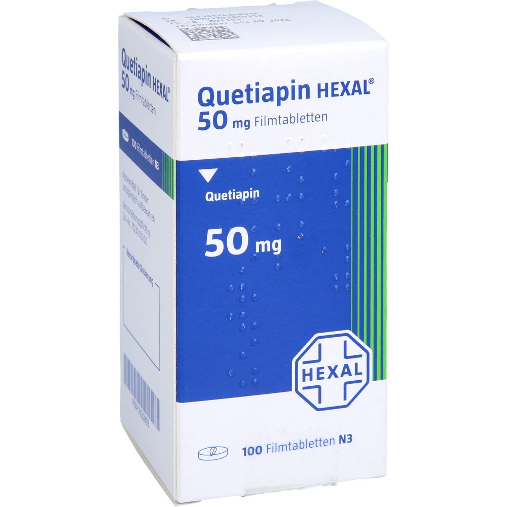 Das Produktfoto zeigt Quetiapin Hexal 50 Mg Filmtabletten Dose (100 stk) PZN 17420893