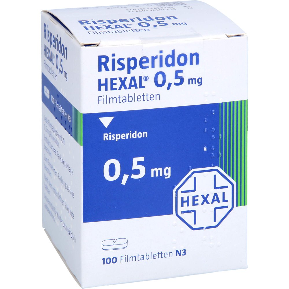 Das Produktfoto zeigt Risperidon Hexal 0,5 Mg Filmtabletten Dose (100 stk) PZN 17420982
